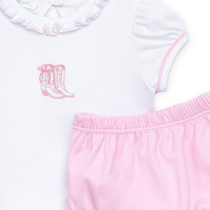 Magnolia Baby Darling Cowboy Boots Ruffle Diaper Cover Set with Socks - Pink