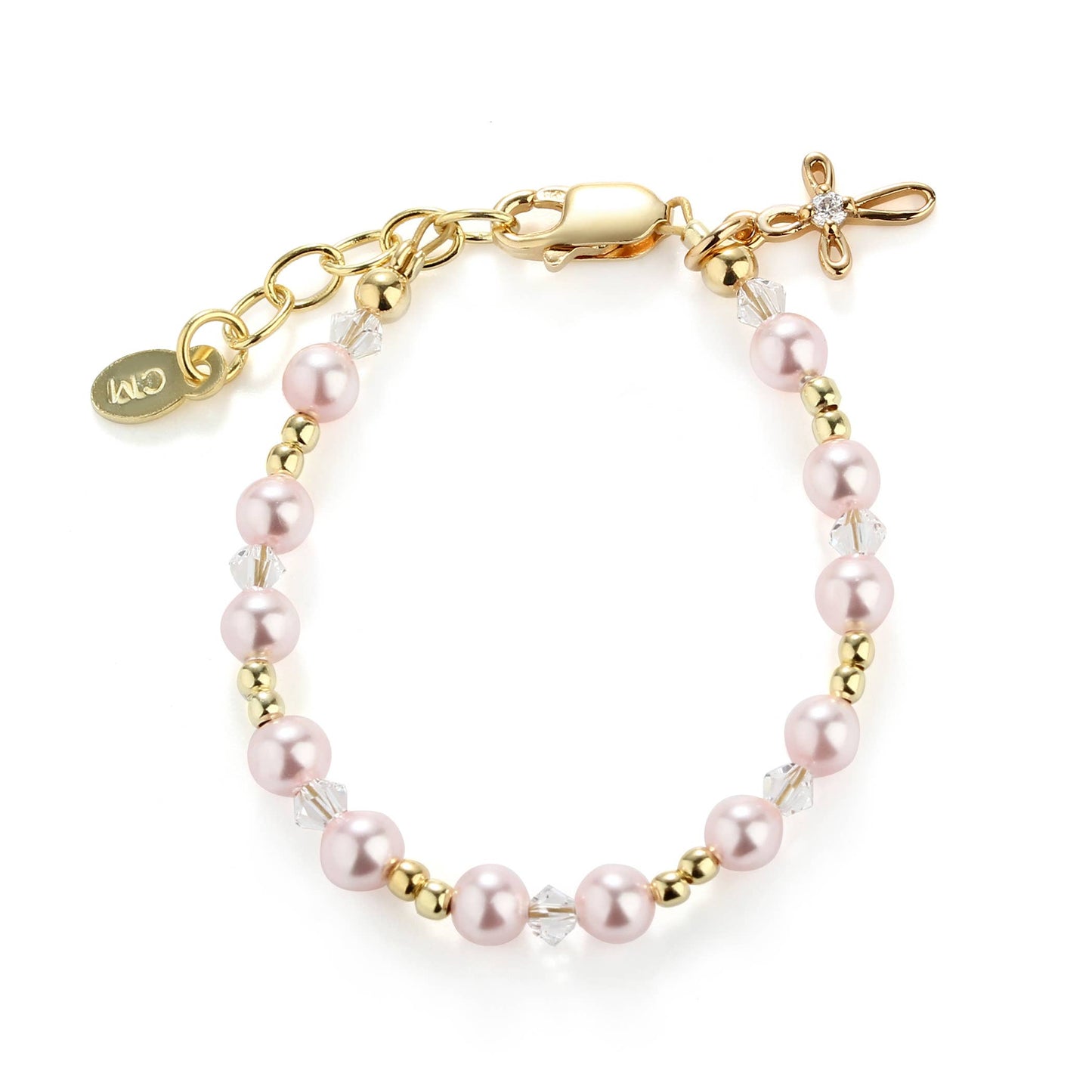 Cherished Moments - 14K Gold-Plated Pink Pearl Cross Bracelet Baptism/Communion