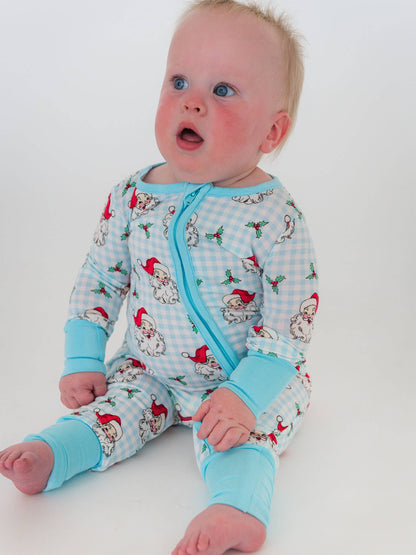 RuffleButts + RuggedButts - SoftSnooze™ Baby Bamboo Viscose Blue Dear Santa Convertible One Piece Footie Pajama