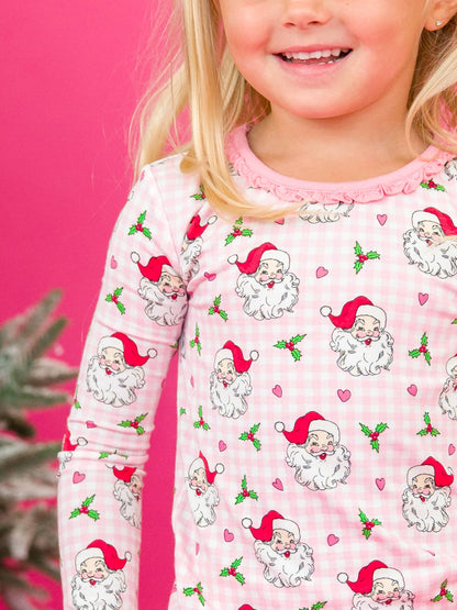RuffleButts + RuggedButts - SoftSnooze™ Toddler Girls Bamboo Viscose Pink Dear Santa Ruffle Long Sleeve Pajama Set with Signature Rear Ruffles