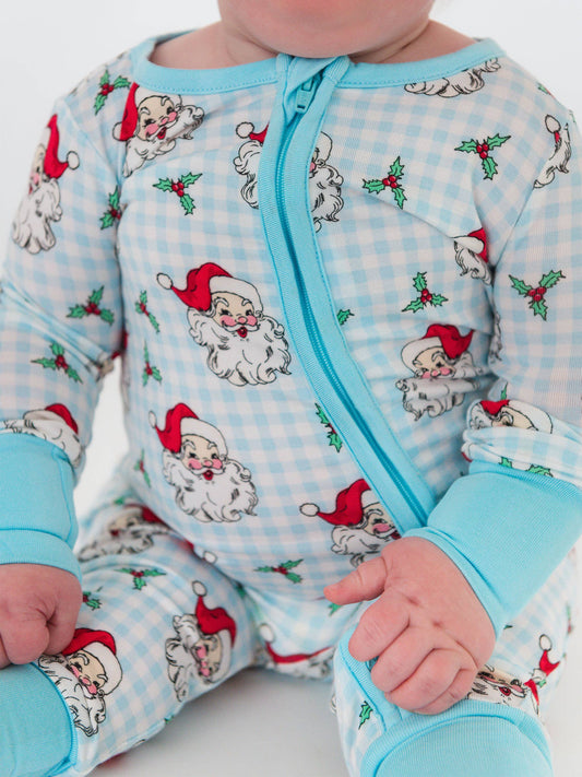 RuffleButts + RuggedButts - SoftSnooze™ Baby Bamboo Viscose Blue Dear Santa Convertible One Piece Footie Pajama
