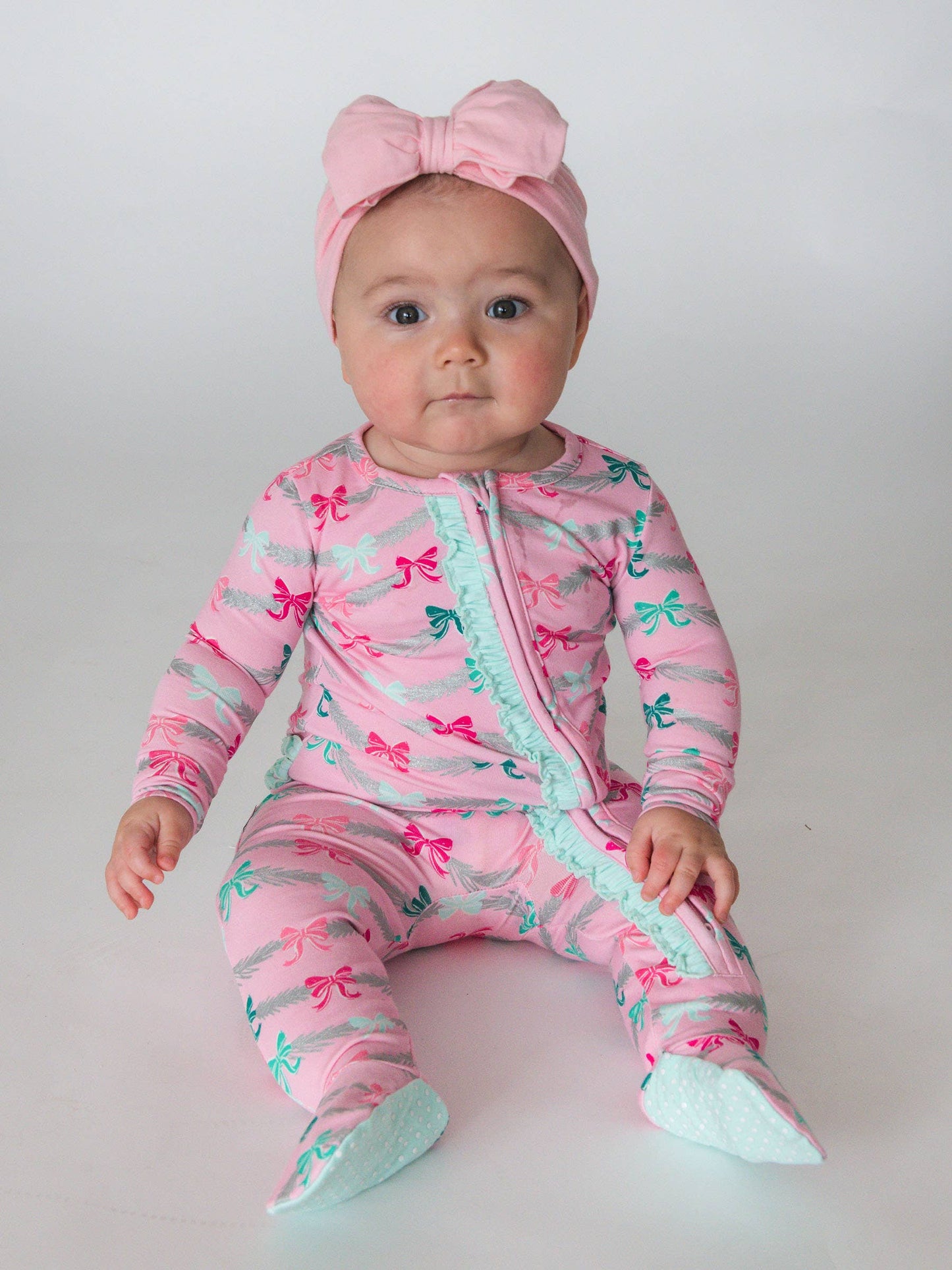 RuffleButts + RuggedButts - SoftSnooze™ Baby Girls Cotton Modal Sparkle Pink Tinsel Tidings Footed Ruffle One Piece Pajama