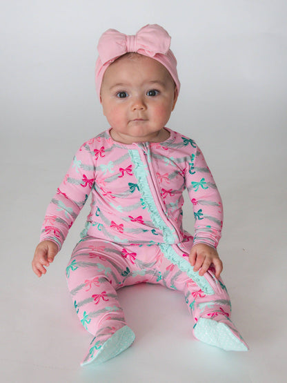 RuffleButts + RuggedButts - SoftSnooze™ Baby Girls Cotton Modal Sparkle Pink Tinsel Tidings Footed Ruffle One Piece Pajama