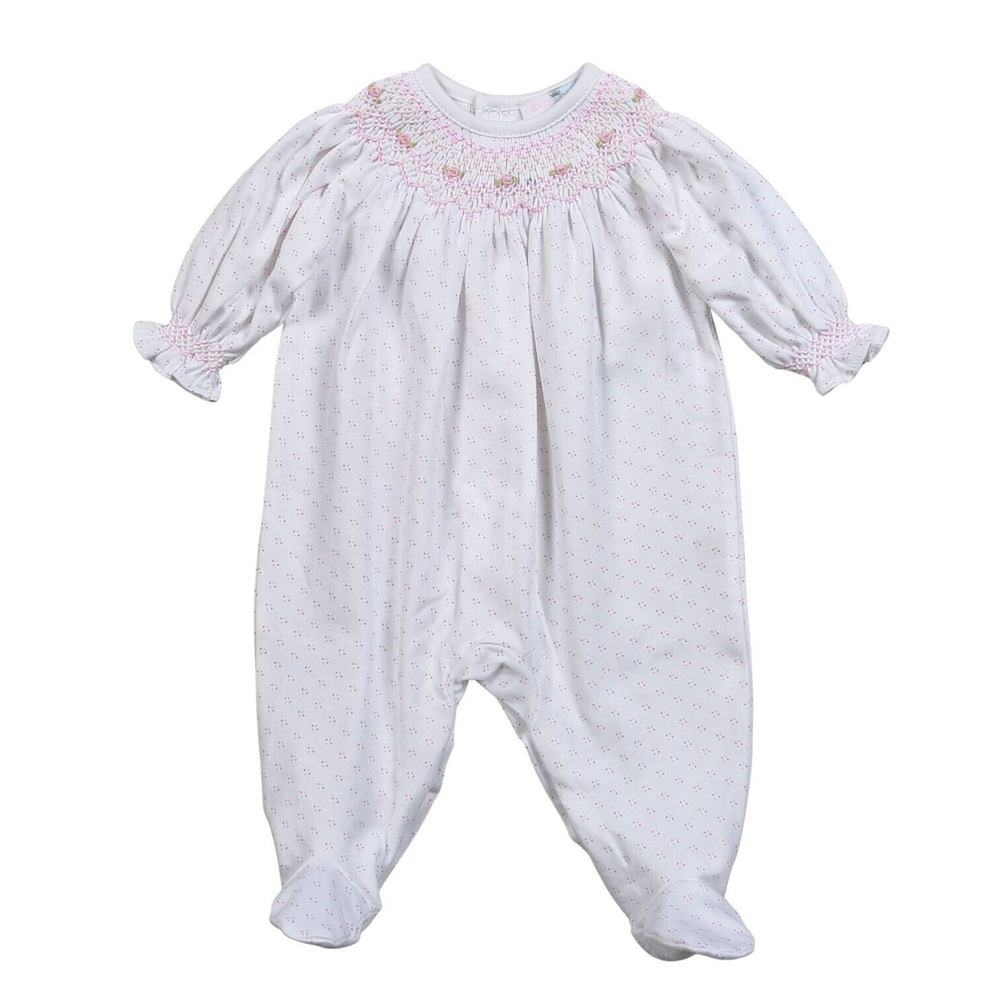 Baby Loren Sally Pink Dots Hand Smock Bishop Pima Footie
