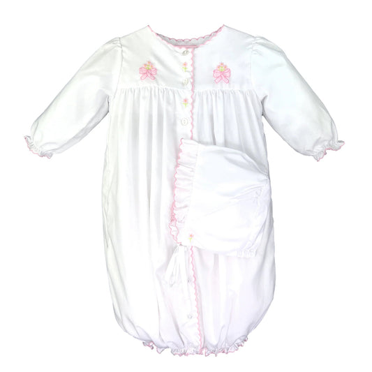 Petit Ami Shadow Stitch Bow Convertible Gown with Bonnet