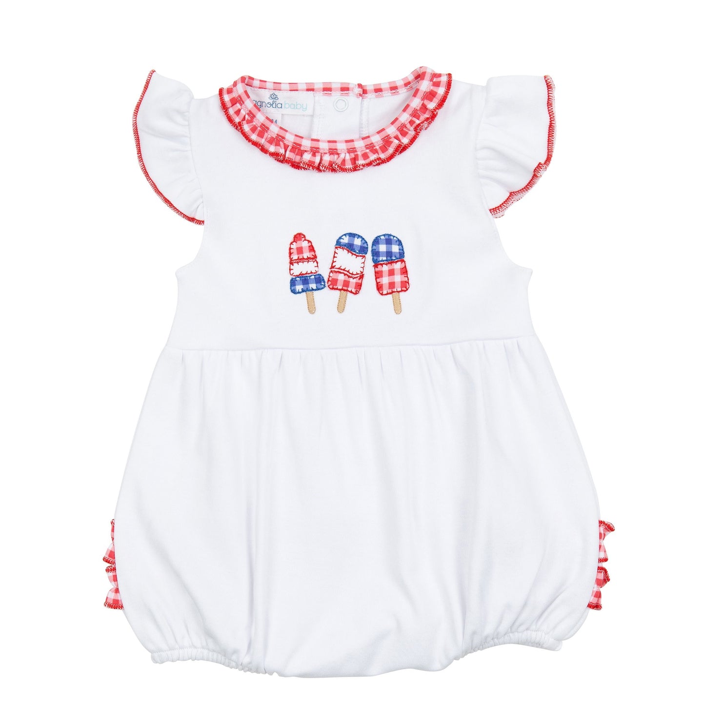 Magnolia Baby Red, White, and Yum! Applique Red Ruffle Flutter Sleeve Bubble