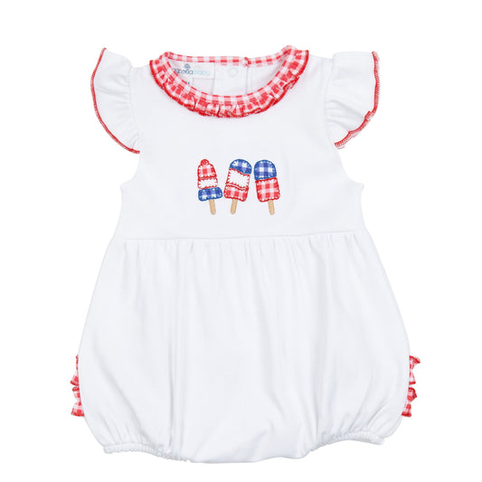 Magnolia Baby Red, White, and Yum! Applique Red Ruffle Flutter Sleeve Bubble