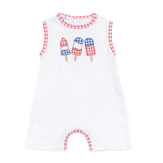 Magnolia Baby Red, White, and Yum! Applique Red Sleeveless Short Playsuit
