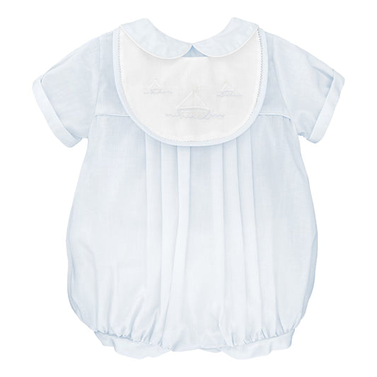 Petit Ami Blue Romper with Sailboat Embroidery, Includes Bonnet