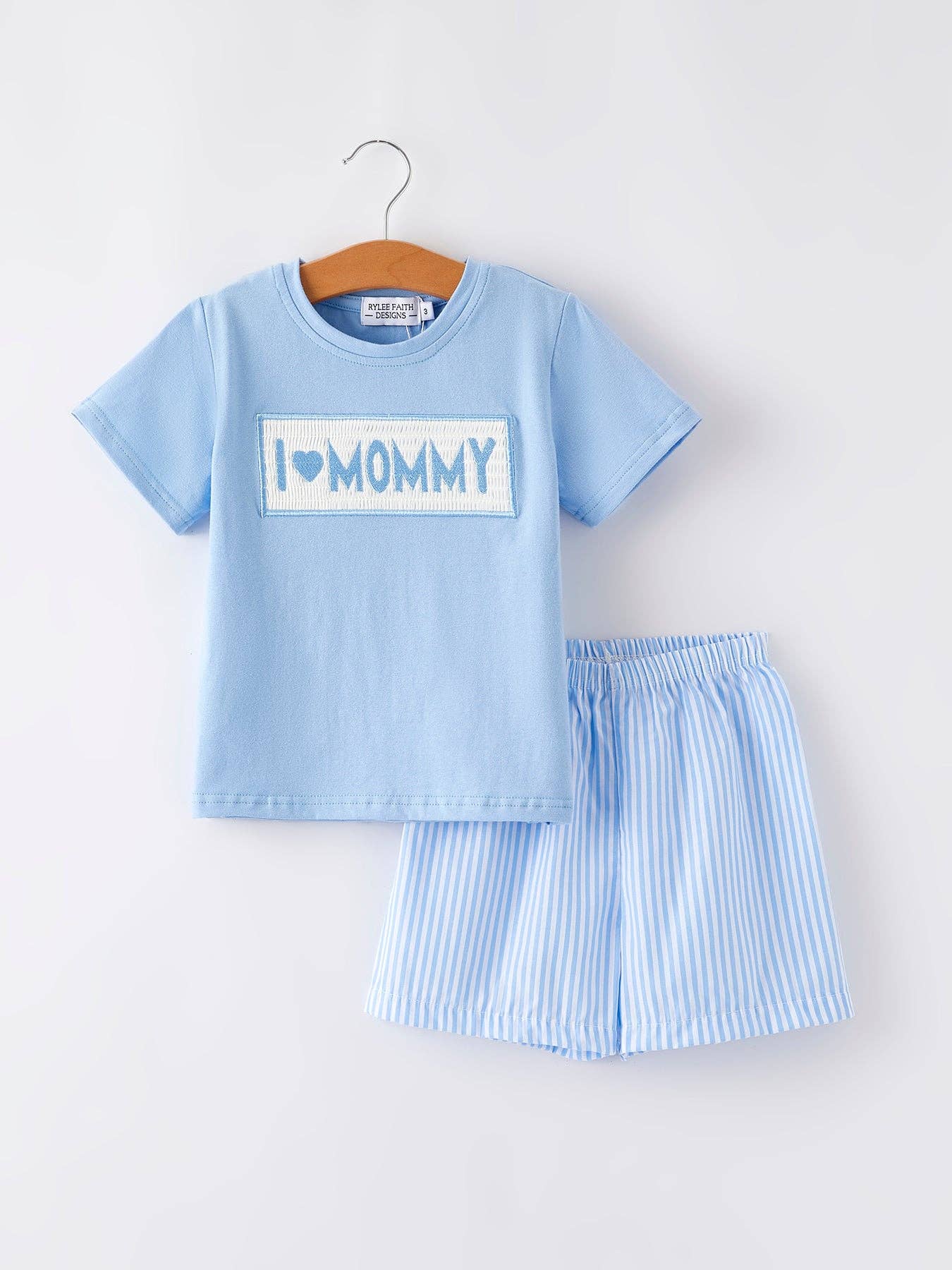 Rylee Faith Designs - "I ❤ MOMMY" Embroidery Smocking Baby Boys Striped Shorts Set