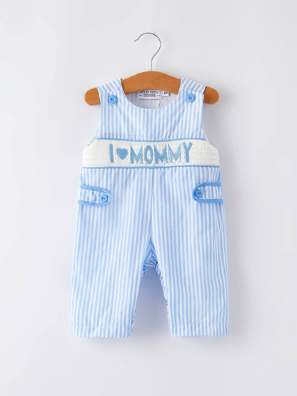 Rylee Faith Designs - “I ❤ MOMMY”Embroidery Smocking Striped Baby Boys Romper