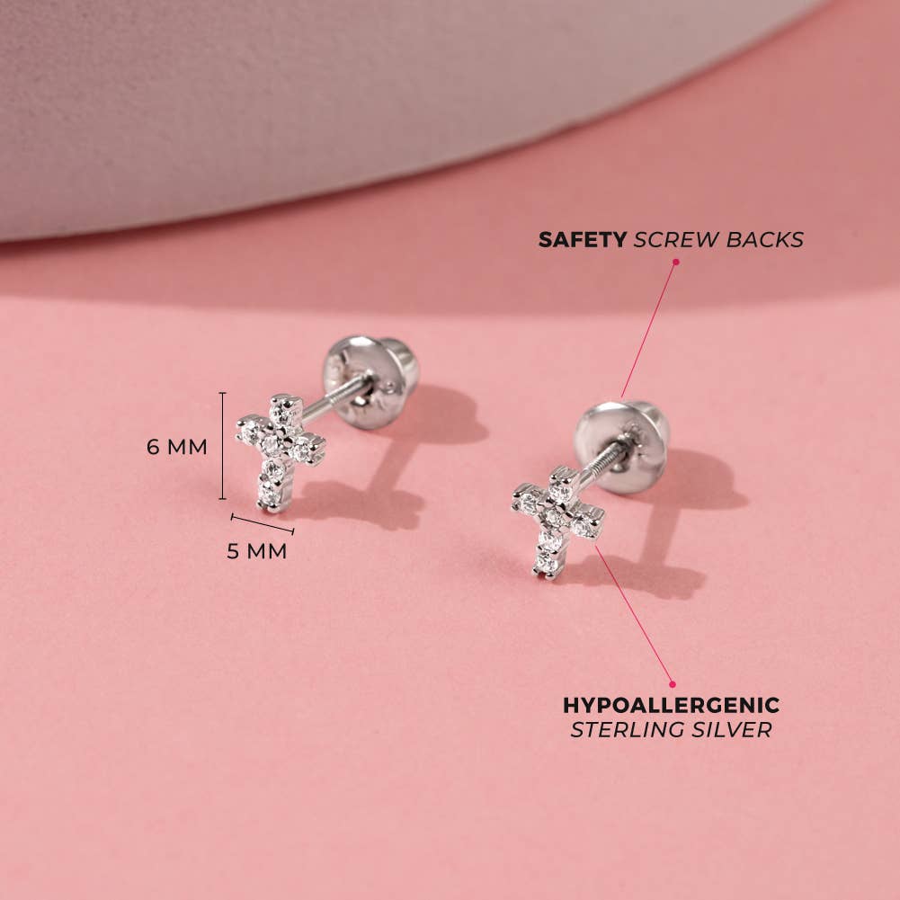 In Season Jewelry - Delicate Cross 6mm Baby / Toddler Earrings - Sterling Silver