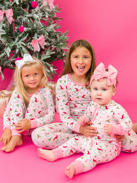 RuffleButts + RuggedButts - SoftSnooze™ Girls Bamboo Viscose Pink Dear Santa Ruffle Long Sleeve Pajama Set