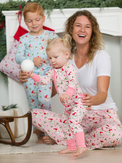 RuffleButts + RuggedButts - SoftSnooze™ Baby Girls Bamboo Viscose Pink Dear Santa Convertible Ruffle One Piece Footie Pajama