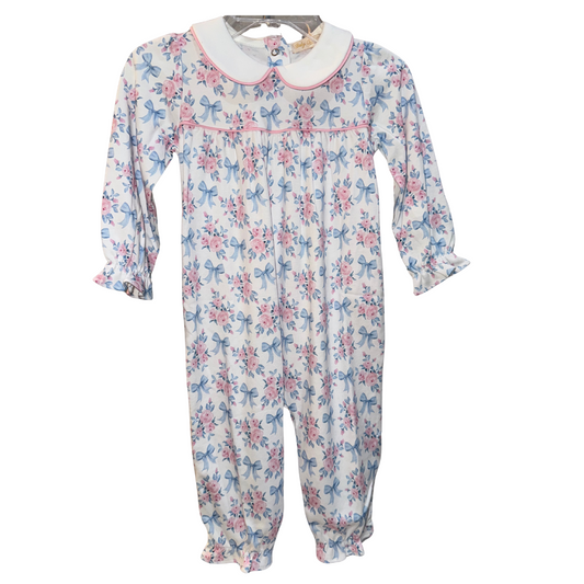 Baby Club Chic Blue Floral Bows Printed Playsuit w/ Round Collar