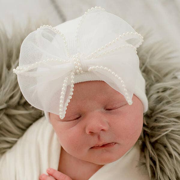 Ily Bean Pink and White Chiffon Pearl Bow Newborn Girl Hospital Hat