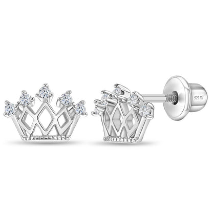 In Season Jewelry - 5 Point CZ Crown Baby / Toddler Earrings - Sterling Silver