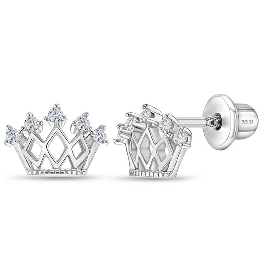 In Season Jewelry - 5 Point CZ Crown Baby / Toddler Earrings - Sterling Silver