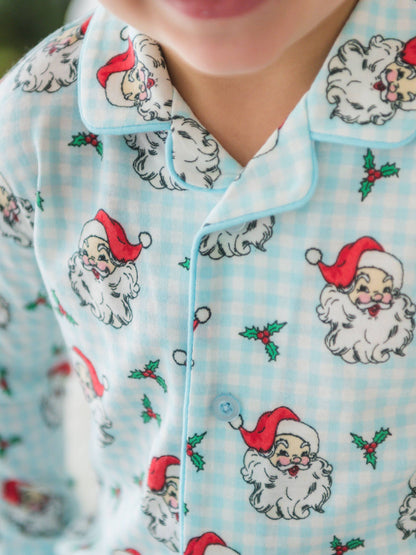 RuffleButts + RuggedButts - SoftSnooze™ Boys Blue Dear Santa Long Sleeve Button Up Pajama Set