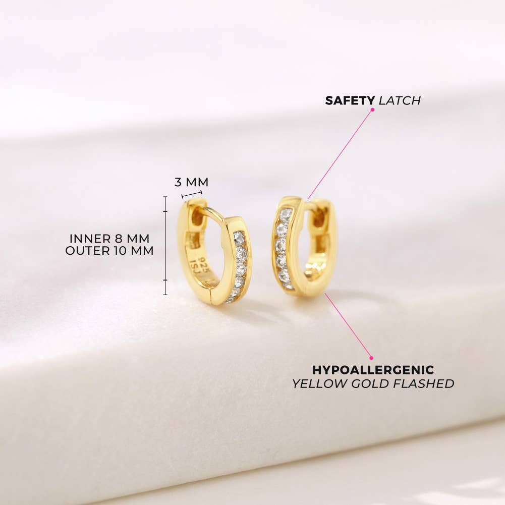 In Season Jewelry - Channel CZ 8mm Earrings Hoop - Sterling Silver Gold Plated