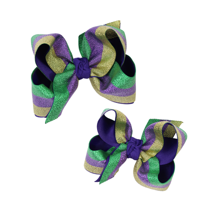 Beyond Creations Layered Mardi Gras Metallic Bow on Alligator Cip: 5.5" Huge