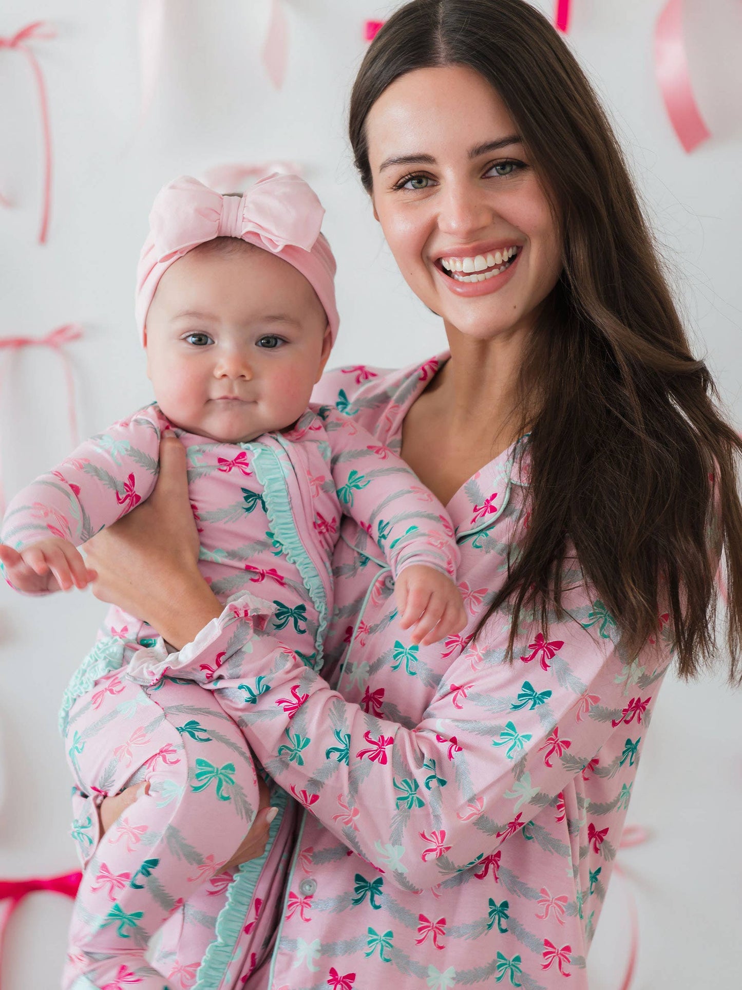 RuffleButts + RuggedButts - SoftSnooze™ Baby Girls Cotton Modal Sparkle Pink Tinsel Tidings Footed Ruffle One Piece Pajama