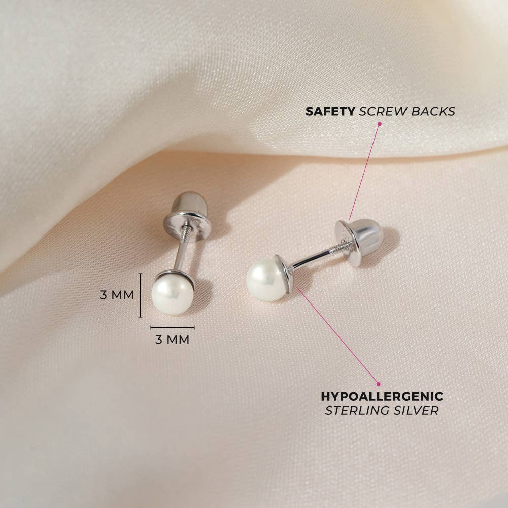 In Season Jewelry - Classic Pearl 3-5mm Toddler Kids Earrings - Sterling Silver