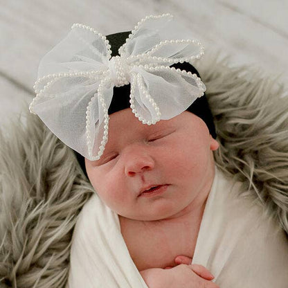 Ily Bean Pink and White Chiffon Pearl Bow Newborn Girl Hospital Hat