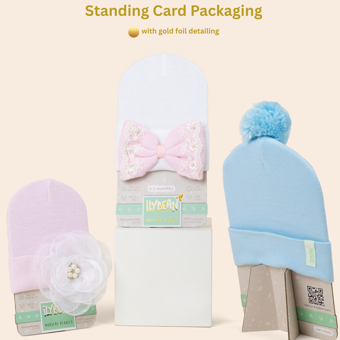 www.ilybean.com - Lyla Pink Hat White Bow with Pink Satin Center Newborn Hat