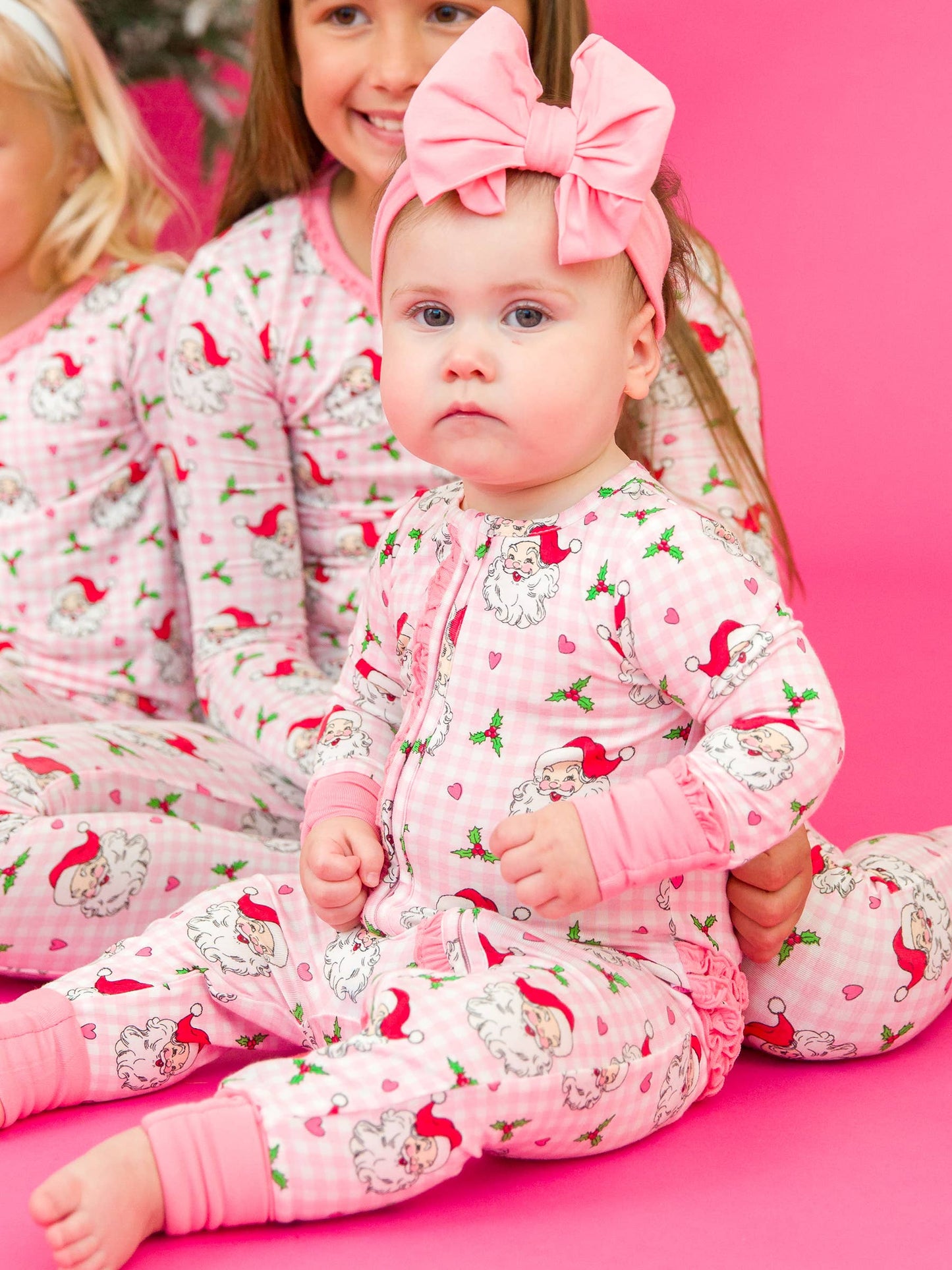 RuffleButts + RuggedButts - SoftSnooze™ Baby Girls Bamboo Viscose Pink Dear Santa Convertible Ruffle One Piece Footie Pajama