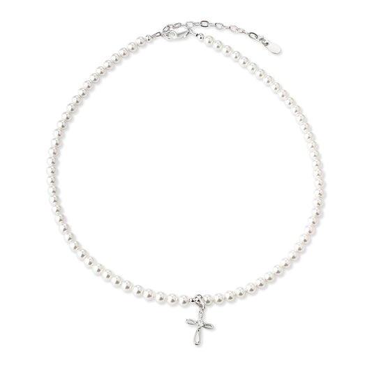 Cherished Moments - Girls Sterling First Communion Silver Pearl Cross Necklace