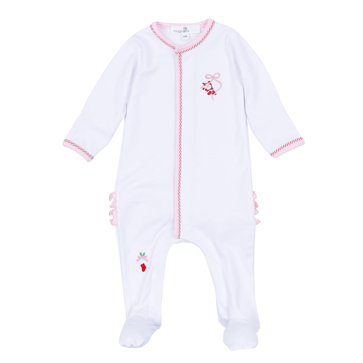 Magnolia Baby Jolly Ribbons Embroidered Ruffle Footie - Pink