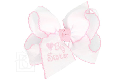 Beyond Creations Embroidered Lil Sister Crochet Edge Bow: White w/ Pink Crochet Edge / 4.5" Large / Lil Sister