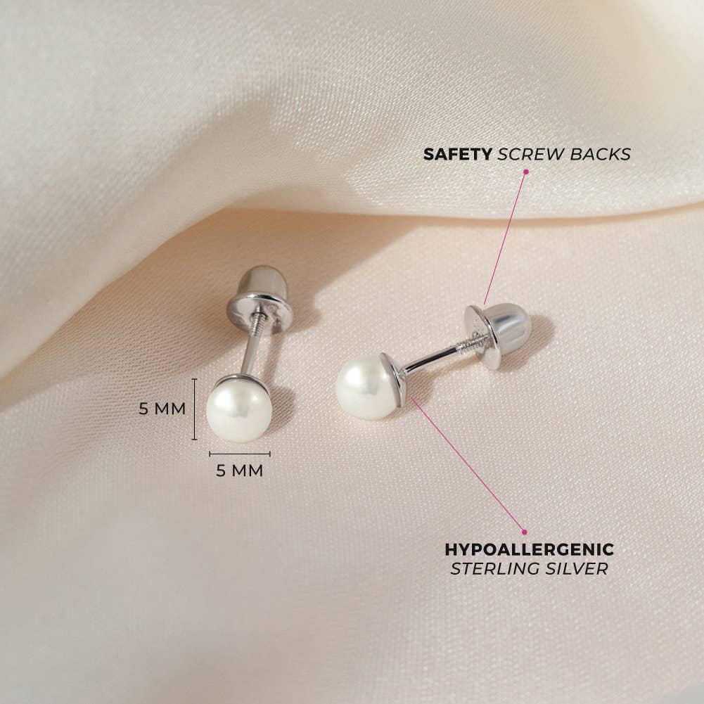 In Season Jewelry - Classic Pearl 3-5mm Toddler Kids Earrings - Sterling Silver