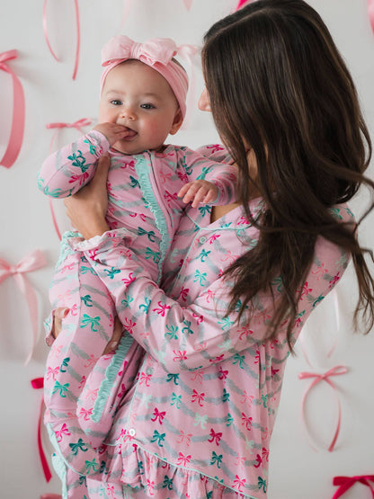RuffleButts + RuggedButts - SoftSnooze™ Baby Girls Cotton Modal Sparkle Pink Tinsel Tidings Footed Ruffle One Piece Pajama