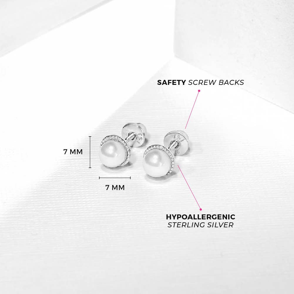 In Season Jewelry - Pearl 7mm Baby / Kids Earrings Screw Back - Sterling Silver