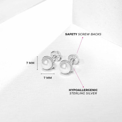In Season Jewelry - Pearl 7mm Baby / Kids Earrings Screw Back - Sterling Silver