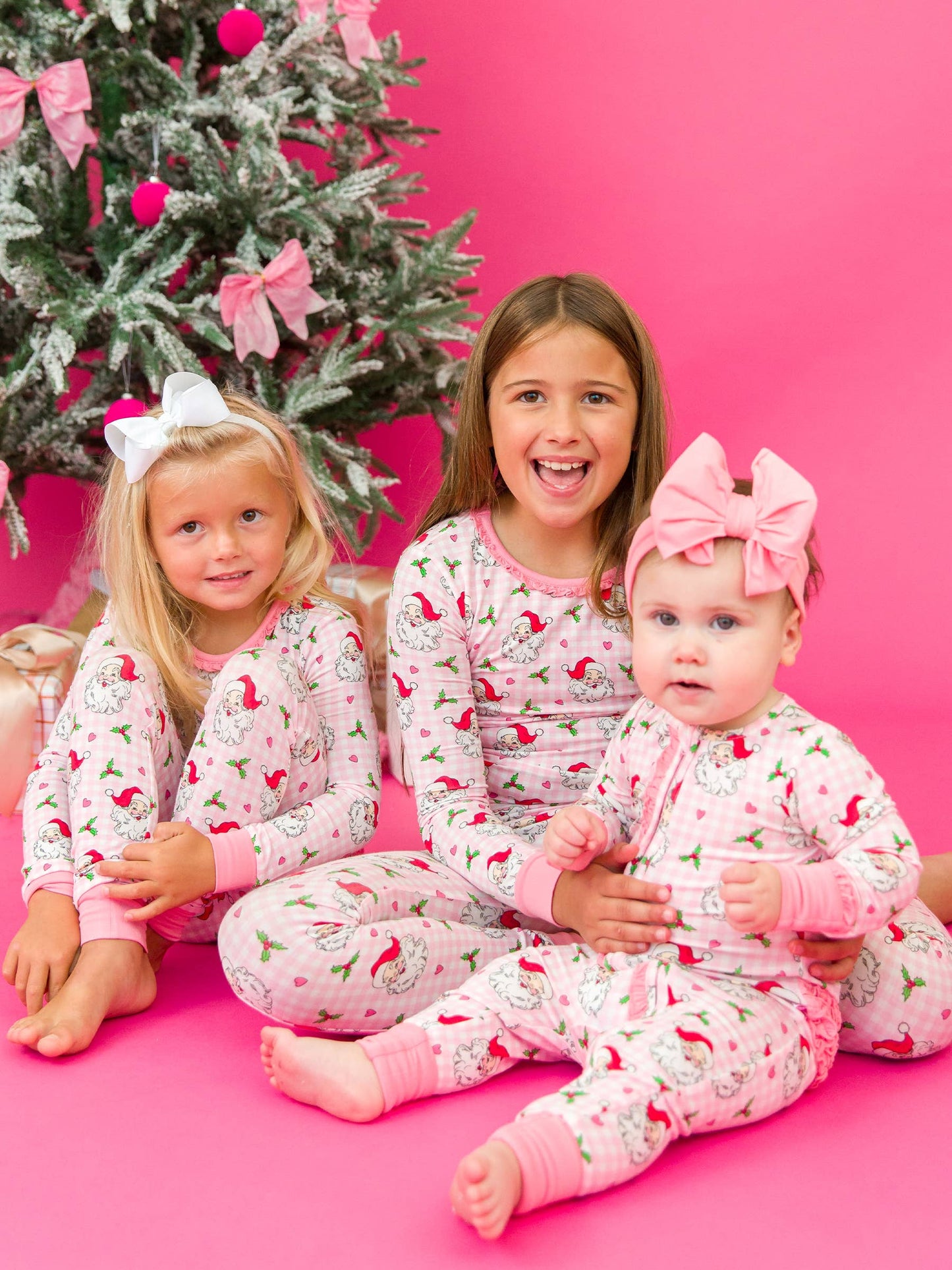 RuffleButts + RuggedButts - SoftSnooze™ Toddler Girls Bamboo Viscose Pink Dear Santa Ruffle Long Sleeve Pajama Set with Signature Rear Ruffles