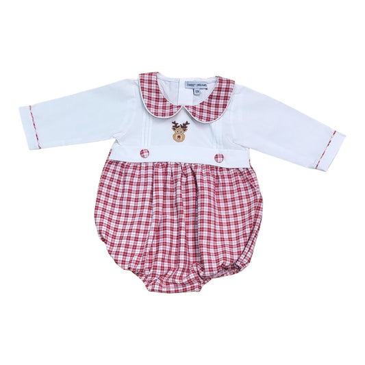 Sweet Dreams Rudolph Embroidered Boy White & Red Plaid Bubble