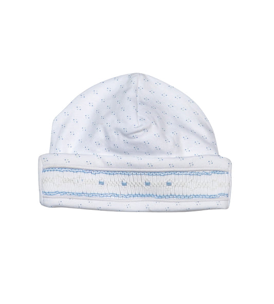 Baby Loren Tim Blue Dots Hand Smocked Pima Beanie