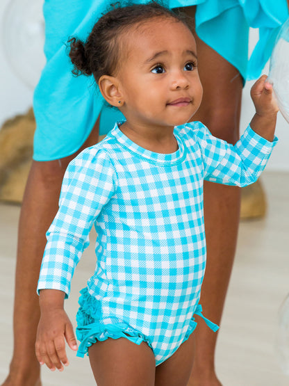 RuffleButts Aqua Blue Gingham Long Sleeve One Piece Rash Guard Swimsuit