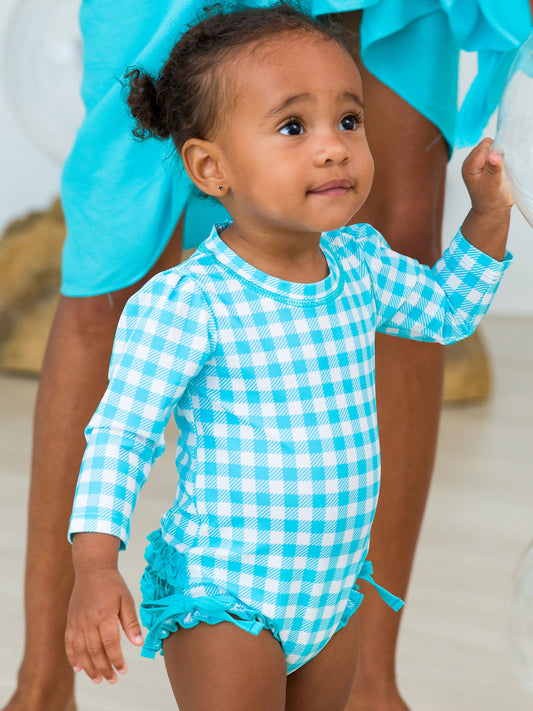 RuffleButts Aqua Blue Gingham Long Sleeve One Piece Rash Guard Swimsuit