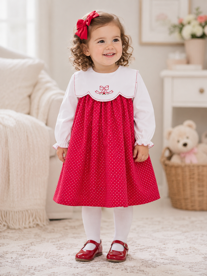 Petit Ami Christmas Bow Embroidered Dress