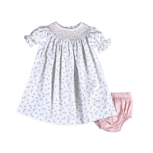 Baby Loren Bella Pink Floral Pima Hand Smk Bishop Dress