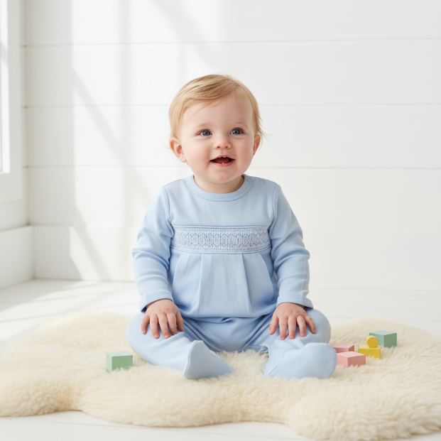 Baby Loren Blue Pima Hand Smock Footie