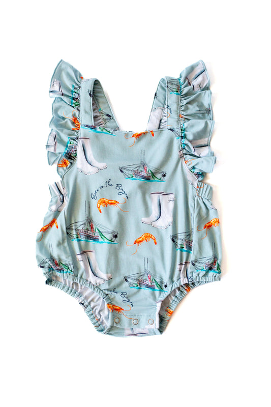 Pearls and Pelicans Born on the Bayou Bubble Romper
