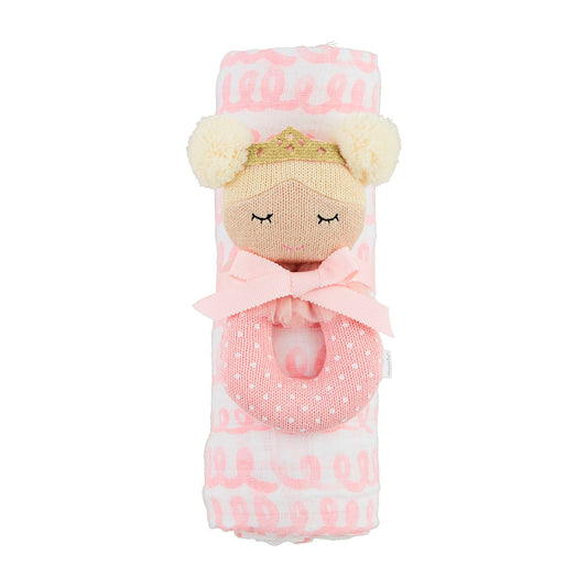 Mudpie Pink Swirl Swaddle and Rattle Set