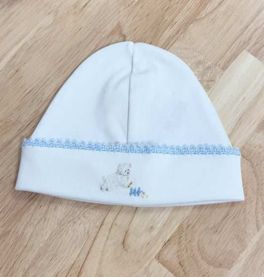 Baby Club Chic Baby Lambs Blue Round Hat with Crochet Trim