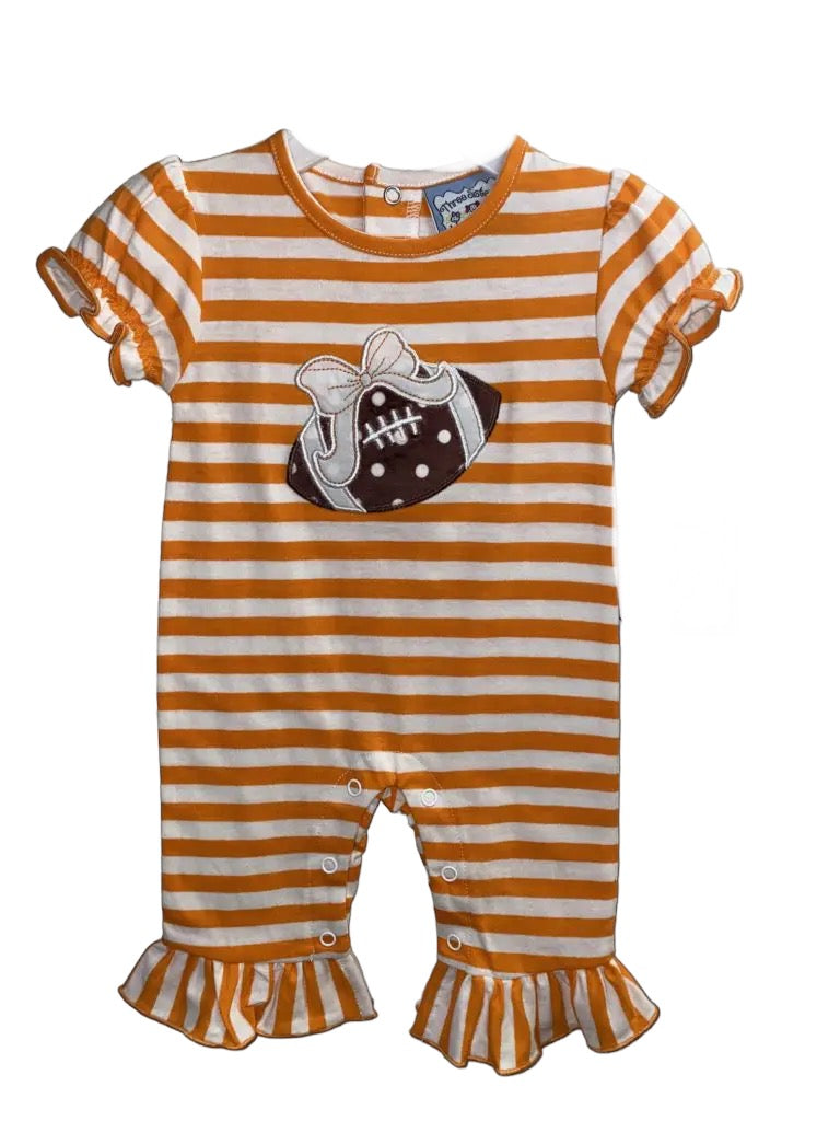 Three Sisters Orange Football  Appliqué Girls Romper