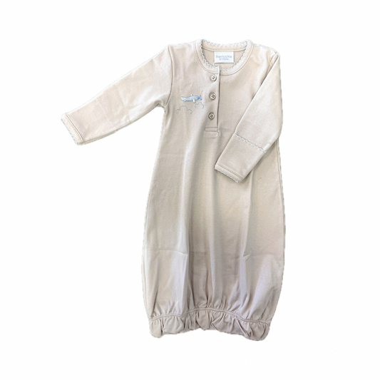 Squiggles Airplane Embroidered Tan Gown Newborn